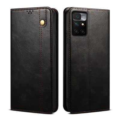 Waxy Crazy Horse Texture Wallet Stand Magnetic Closure PU Leather Phone Case for Xiaomi Redmi 10 4G (2021)/10 Prime/10 2022 4G/Note 11 4G (MediaTek) - Black