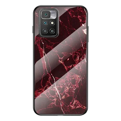 Shockproof Anti-Scratch Tempered Glass Back Marble Pattern Protective Cover for Xiaomi Redmi 10 4G (2021)/10 2022 4G/Note 11 4G (MediaTek) - Blood Red Marble