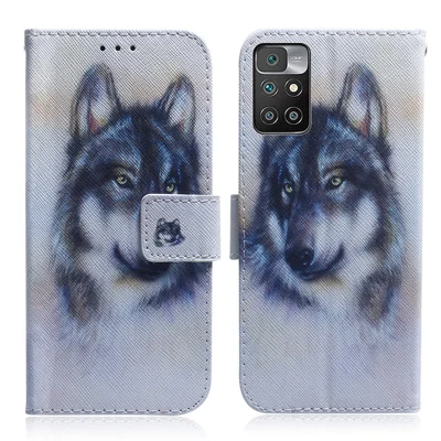 PU Leather Pattern Printing Anti-Drop Wallet Stand Phone Protective Case with Lanyard Hole for Xiaomi Redmi 10 4G (2021)/10 Prime/10 2022 4G/Note 11 4G (MediaTek) - Wolf