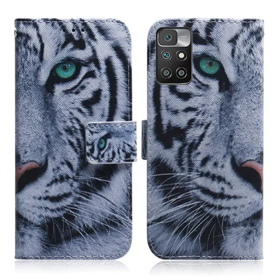 PU Leather Pattern Printing Anti-Drop Wallet Stand Phone Protective Case with Lanyard Hole for Xiaomi Redmi 10 4G (2021)/10 Prime/10 2022 4G/Note 11 4G (MediaTek) - Tiger