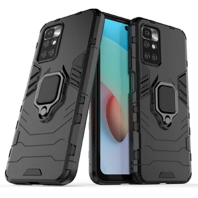 Uchwyt pierścieniowy na telefon z podpórką, odporny na wstrząsy, pokrowiec z TPU + twardego PC na Xiaomi Redmi 10 4G (2021)/Redmi 10 2022 4G/Redmi Note 11 4G (MediaTek) - Czarny