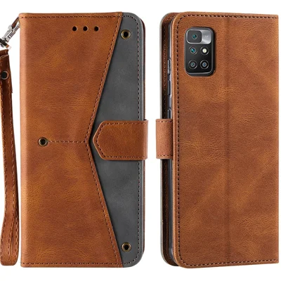 For Xiaomi Redmi 10 4G (2021)/Redmi 10 2022 4G/Redmi Note 11 4G (MediaTek)/Redmi 10 Prime Splicing Stitching Skin-touch PU Leather Stand Wallet Phone Case Protective Cover - Brown