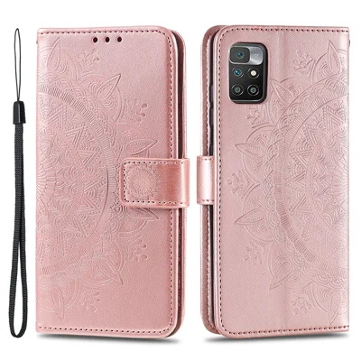 For Xiaomi Redmi 10 4G (2021)/Redmi 10 Prime/Redmi 10 2022 4G/Redmi Note 11 4G (MediaTek) Imprinted Mandala Flower PU Leather Wallet Stand Phone Shell Case - Rose Gold