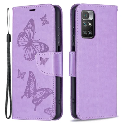 For Xiaomi Redmi 10 4G (2021)/Redmi 10 Prime/Redmi 10 2022 4G/Redmi Note 11 4G (MediaTek) Imprint Butterflies Full Protection Stand Wallet Design Leather Case Phone Shell - Purple