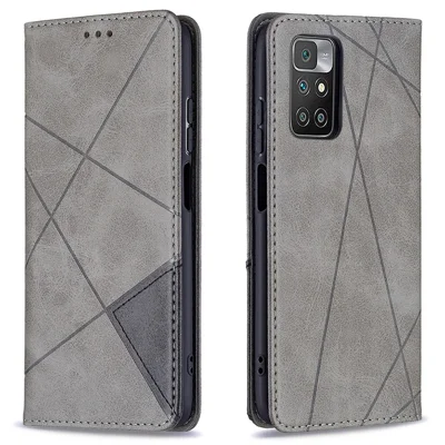 For Xiaomi Redmi 10 4G (2021) / 10 Prime / 10 2022 4G / Note 11 4G (Mediatek) Rhombus Imprinting Card Holder Leather Stand Case - Grey