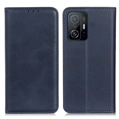 Split Leather Auto-absorbed Anti-drop Shockproof Wallet Stand Phone Cover for Xiaomi 11T/11T Pro - Blue