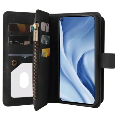 For Xiaomi Mi 11 Lite 4G / 5G / 11 Lite 5G NE Zipper Wallet Case with 15 Card Slots and Strap Leather Phone Cover - Black