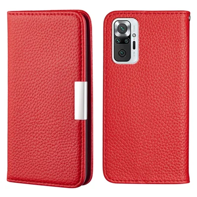 Retro Style Litchi Texture Metal Magnetic Clasp Leather Case Card Slots Phone Shell Cover for Xiaomi Redmi Note 10 Pro 4G (India) /4G (Global) - Red