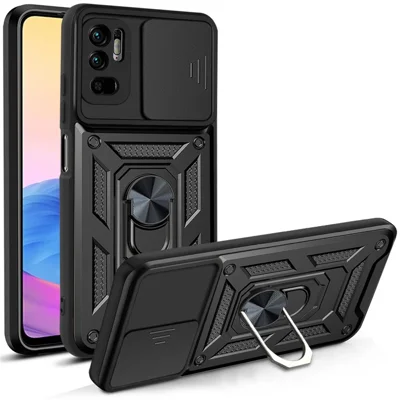 Kickstand PC + TPU Shockproof Scratch-Resistant Slide Camera Cover Phone Case for Xiaomi Redmi Note 10 5G/Note 10T 5G /Poco M3 Pro 4G/5G - Black