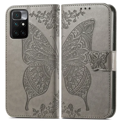 Imprinting Butterfly Flower Leather Phone Wallet Case Flip Cover Shell for Xiaomi Redmi 10 4G (2021)/Redmi 10 2022 4G/Redmi Note 11 4G (MediaTek)/Redmi 10 Prime - Grey