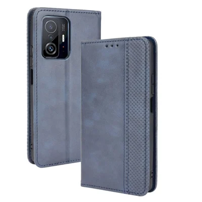Retro strukturierte Oberfläche Lederhülle Stoßfest Leder-Handytasche mit Standfunktion für Xiaomi 11T Pro / Xiaomi 11T - Blau