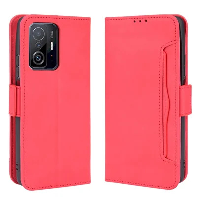 For Xiaomi 11T Pro / Xiaomi 11T Card Slot Design Shock Resistant Phone Cover Leather Phone Wallet Stand Protective Case - Red