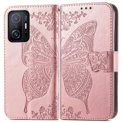Prägener Schmetterlingsblumenmuster Brieftasche Telefon Hülle Lederabdeckung Für Xiaomi 11t / 11t Pro - Roségold