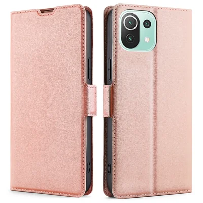 Stand Card Holder Design Ultra-thin Magnetic Clasp Leather Phone Cover Protector for Xiaomi Mi 11 Lite 4G/5G/11 Lite 5G NE - Rose Gold