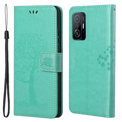 Owl and Tree Pattern Imprinted Wallet Stand PU Leather Protective Phone Shell for Xiaomi 11T / 11T Pro - Green
