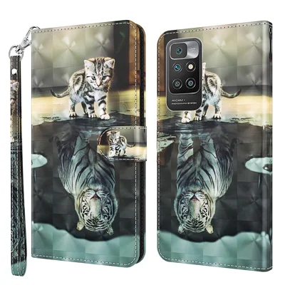 3D Pattern Printing Leather Case Wallet Stand Cover with Carrying Lanyard for Xiaomi Redmi 10 4G (2021)/Redmi 10 2022 4G/Redmi Note 11 4G (MediaTek)/Redmi 10 Prime - Cat and Tiger