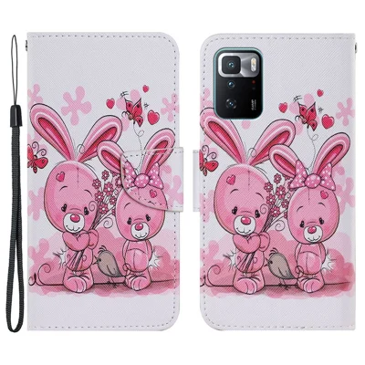 Folio Flip Magnetic Clasp Pattern Printing Leather Phone Case Wallet Stand Cover with Wrist Strap for Xiaomi Redmi Note 10 Pro 5G (China) / Poco X3 GT - Rabbits