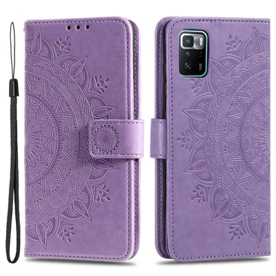 Imprinted Mandala Flower Handy Strap Stylish Anti-drop Wallet Stand Leather Phone Case Cover Shell for Xiaomi Poco X3 GT/Redmi Note 10 Pro 5G (China) - Purple