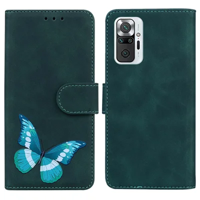 Big Butterfly Pattern Printing Skin-touch PU Leather Phone Cover Magnetic Clasp Wallet Stand Shell for Xiaomi Redmi Note 10 Pro 4G (India)/Note 10 Pro 4G (Global)/Note 10 Pro Max - Green