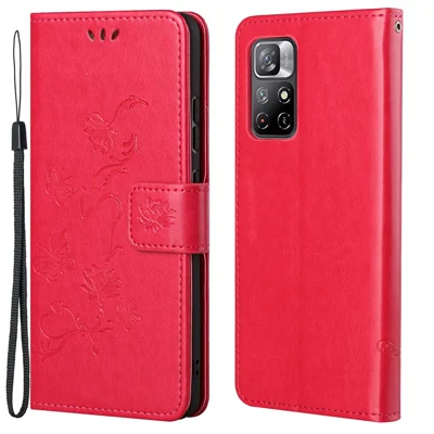Wallet Function Phone Case Imprinted Butterflies Flower Anti-fall PU Leather Protective Phone Stand Shell for Xiaomi Redmi Note 11 5G (China) (MediaTek)/Redmi Note 11T 5G/Redmi Note 11S 5G - Red
