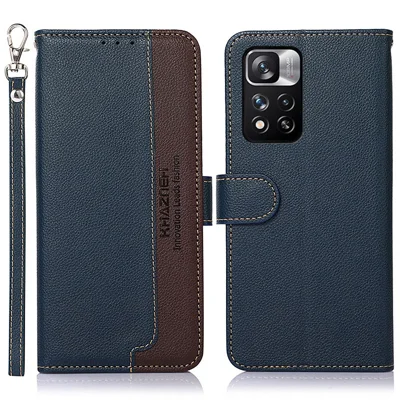 KHAZNEH RFID Litchi Blokerende Struktur Telefon Skal God Beskyttelse Anti-tyveri Svipning Læderdæksel med Ståplads Wallet til Xiaomi Redmi Note 11 Pro 5G (Kina) (MediaTek)/11 Pro+ 5G - Blå