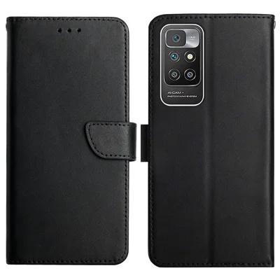 Nappa Texture Genuine Leather Drop-resistant Phone Stand Shell Wallet Case for Xiaomi Redmi Note 11 4G (MediaTek)/10 4G (2021)/10 2022 4G/10 Prime - Black