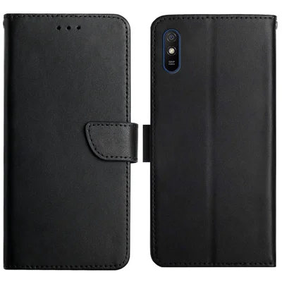 Anti-scratch Nappa Texture Genuine Leather Outer Cover + Soft TPU Inner Shell Solid Color Stand Case with Wallet Feature for Xiaomi Redmi 9A - Black