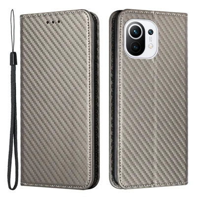 Flip Magnetic Auto-absorbed Carbon Fiber Texture Anti-fall Stand Wallet PU Leather Case Cover with Hand Strap for Xiaomi Mi 11 - Grey