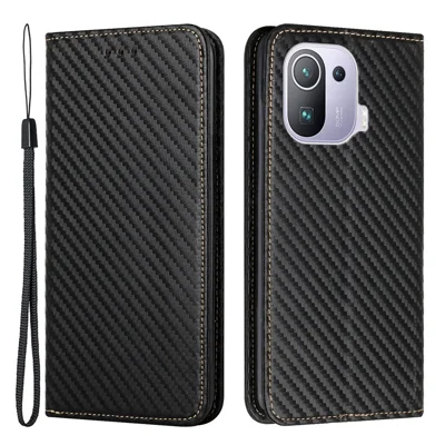 All-round Protection Flip Magnetic Auto-absorbed Carbon Fiber Texture Stand Wallet PU Leather Case Cover with Hand Strap for Xiaomi Mi 11 Pro - Black