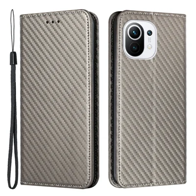 Flip Design Magnetic Auto-absorbed Carbon Fiber Texture Stand Wallet PU Leather Case Cover with Hand Strap for Xiaomi Mi 11 Lite 4G/5G/11 Lite 5G NE - Grey