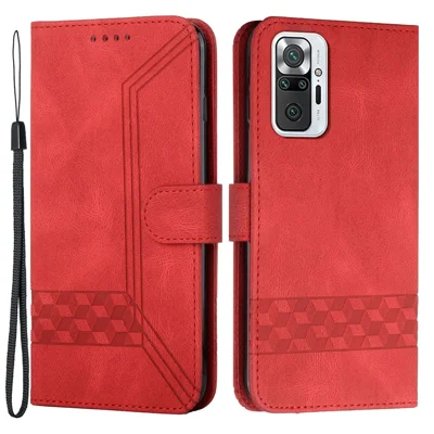 YX0010 Imprinting Rhombus Lines Skin-touch Protective Leather Case Wallet Cover with Stand for Xiaomi Redmi Note 10 Pro 4G (India)/(Global) - Red