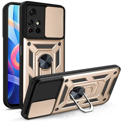 For Xiaomi Redmi Note 11 5G (China) (MediaTek)/Note 11T 5G/Note 11S 5G Camera Slide Cover Ring Holder Kickstand Stylish Anti-scratch PC + TPU Phone Cover Case - Gold