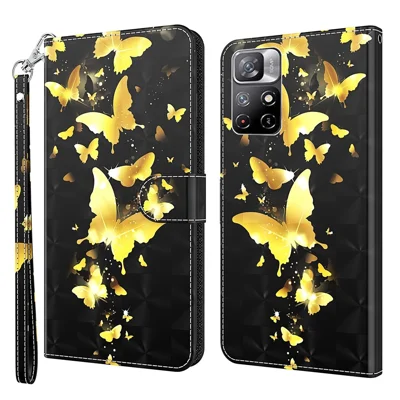 For Xiaomi Redmi Note 11 5G (China) (MediaTek)/Note 11T 5G/Note 11S 5G 3D Pattern Printing Magnetic PU Leather Wallet Stand Book Cover with Strap - Golden Butterfly