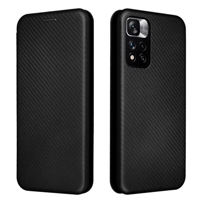 Card Slot Ring Strap Carbon Fiber Texture Case Anti-scratch Drop-proof Auto-absorbed Magnetic Closure Leather Phone Cover with Stand for Xiaomi Redmi Note 11 5G (China) (MediaTek)/Redmi Note 11T 5G/Redmi Note 11S 5G - Black