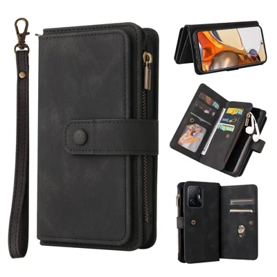 For Xiaomi 11T / 11T Pro Zipper Wallet Case with 15 Card Slots and Strap Leather Phone Cover - Black
