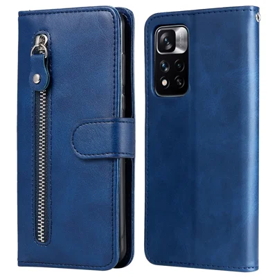 كيس هاتف جلد مزخرف بتصميم عملي بحافة دوارة وجيوب بسحاب مقاوم للصدمات لهاتف Xiaomi Redmi Note 11 Pro 5G (الصين) (Mediatek)/Note 11 Pro+ 5G - أزرق