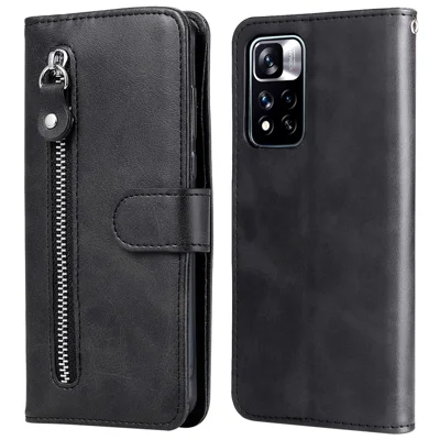 Shockproof Stand Wallet Zippered Pocket Design Textured Leather Phone Case for Xiaomi Redmi Note 11 Pro 5G (China) (MediaTek)/Note 11 Pro+ 5G - Black
