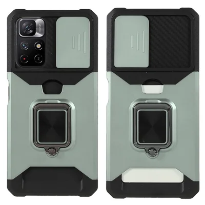 Camera Slider PC + TPU Phone Case Card Slot and Kickstand Design Shockproof Phone Cover for Xiaomi Redmi Note 11 5G (China) (MediaTek)/Note 11S 5G/Note 11T 5G - Blackish Green