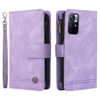 For Xiaomi Redmi Note 11 5G (China) (MediaTek) / Note 11T 5G / Note 11S 5G  Zipper Wallet Case PU Leather Flip Stand Stripes Imprinted Phone Cover - Purple