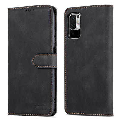 AZNS Leather Case Scratch-resistant Wallet Stand Phone Cover for Xiaomi Poco M3 Pro 4G/5G/Redmi Note 10 5G/Redmi Note 10T 5G - Black