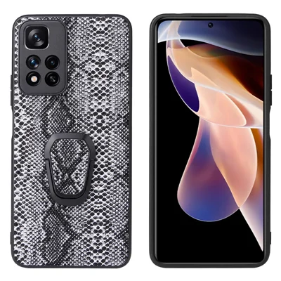 För Xiaomi Redmi Note 11 Pro 5G (Kina) (MediaTek)/Note 11 Pro+ 5G Rotationsstöd PU-läderbelagd TPU + PC Hybrid mobilskal med enhandshållning – Ormstruktur