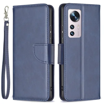 For Xiaomi 12 5G/12X 5G/12S 5G Textured Solid Color PU Leather Folio Flip Cover Stand Magnetic Phone Case with Strap - Blue
