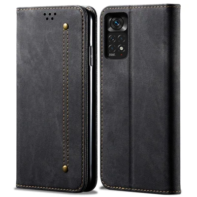 For Xiaomi Redmi Note 12 Pro 4G / 11 Pro 4G (MediaTek) / Note 11 Pro 5G (Qualcomm) Jeans Cloth Texture PU Leather Flip Cover Wallet Stand Magnetic Absorption Phone Case - Black