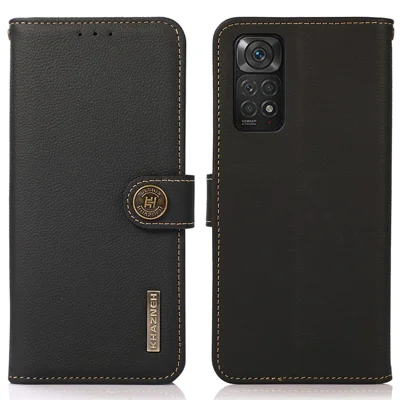 KHAZNEH For Xiaomi Redmi Note 11 4G (Qualcomm)/Note 11S 4G Genuine Leather RFID Blocking Wallet Case Stand Phone Cover - Black