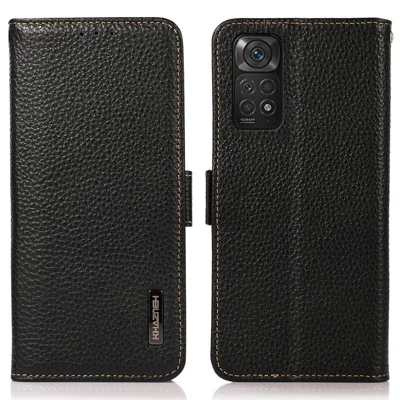 KHAZNEH For Xiaomi Redmi Note 11 4G (Qualcomm)/Note 11S 4G RFID Blocking Litchi Texture Genuine Leather Phone Case with Wallet Stand - Black