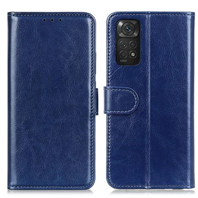 For Xiaomi Redmi Note 11S 4G / Redmi Note 11 4G (Qualcomm) Crazy Horse Texture PU Leather Case Shockproof TPU Wallet Protective Stand Folio Cover - Blue