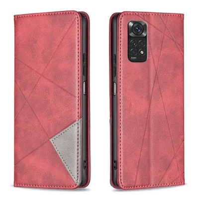 For Xiaomi Redmi Note 11 4G (Qualcomm) Imprinting Pattern Splicing Design Cover with Card Slots Drop-Proof Leather Cell Phone Shell - Red