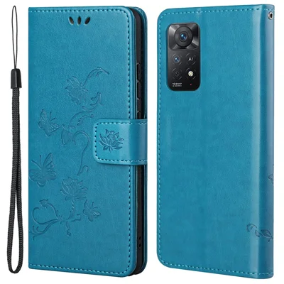 For Xiaomi Redmi Note 12 Pro 4G / 11 Pro 4G (MediaTek) / Note 11 Pro 5G (Qualcomm) Imprinting Butterfly Flower Wallet Cover PU Leather Stand Phone Case - Blue