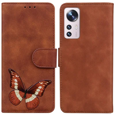 Magnetic Closure Case for Xiaomi 12 Pro 5G/12S Pro 5G/12 Pro (Dimensity) 5G Shockproof Phone Case with Wallet/Stand Butterfly Pattern Printed PU Leather Flip Cover - Brown