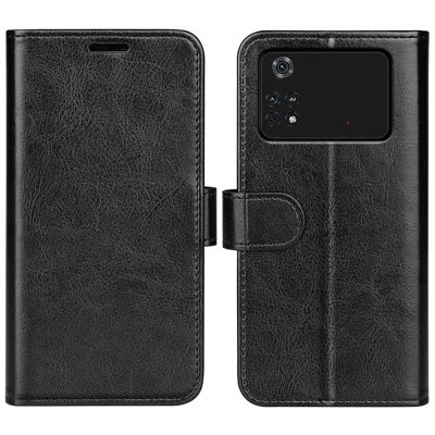 For Xiaomi Poco M4 Pro 4G Crazy Horse Texture Folio Flip Leather Case Wallet Adjustable Stand Phone Shell - Black